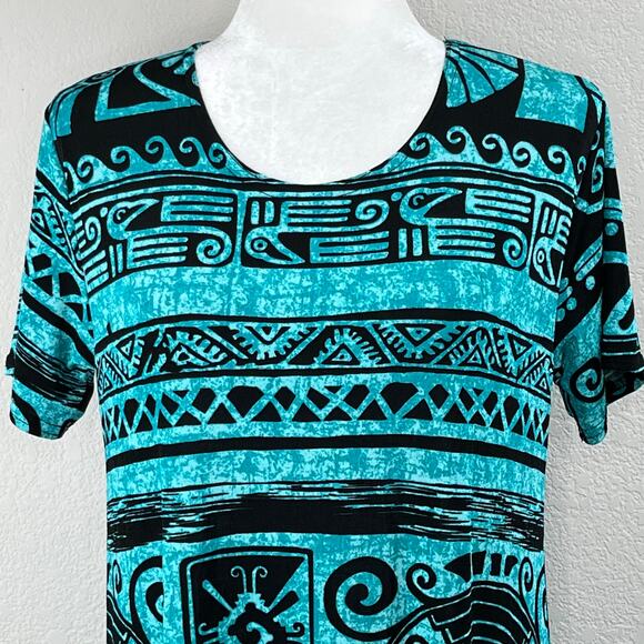 Jostar Aqua Black Aztec Tribal Pullover Short Sleeve Midi T-Shirt Dress Small - Picture 6 of 15